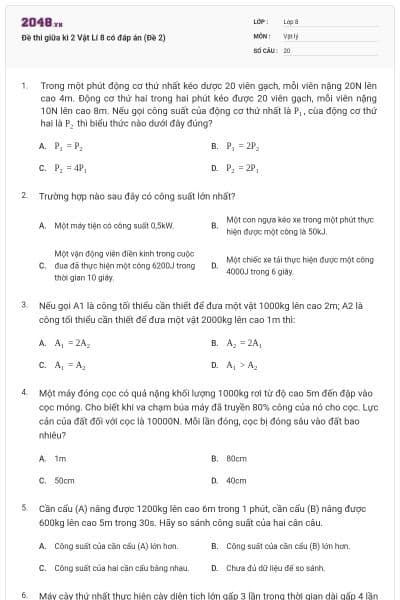 Đề thi giữa kì 2 Vật Lí 8 có đáp án (Đề 2)