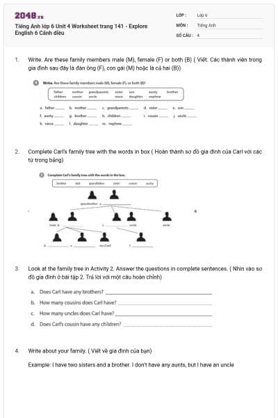 Tiếng Anh lớp 6 Unit 4 Worksheet trang 141 - Explore English 6 Cánh diều