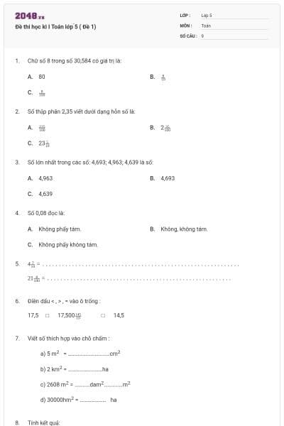 Đề thi học kì I Toán lớp ̀5 ( Đề 1)