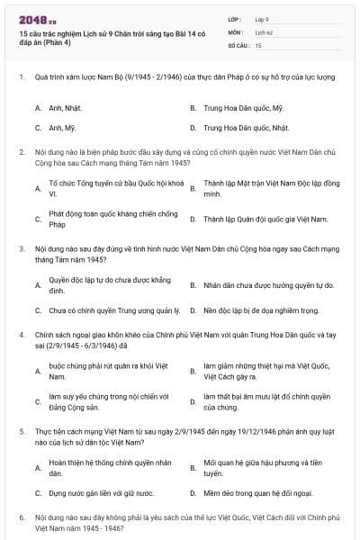 15 câu trắc nghiệm Lịch sử 9 Chân trời sáng tạo Bài 14 có đáp án (Phần 4)