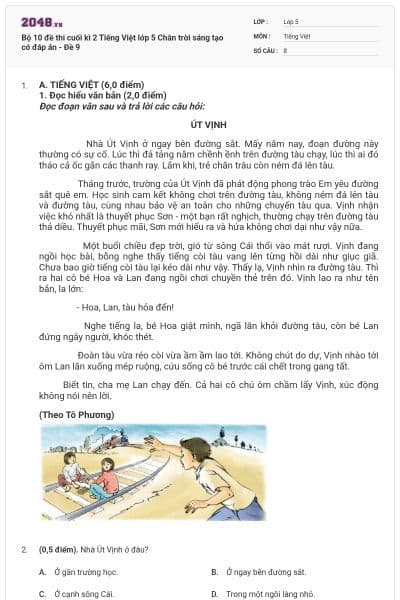 Bộ 10 đề thi cuối kì 2 Tiếng Việt lớp 5 Chân trời sáng tạo có đáp án - Đề 9