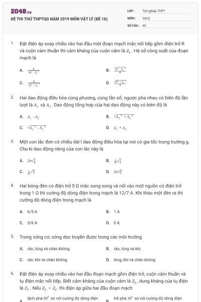 ĐỀ THI THỬ THPTQG NĂM 2019 MÔN VẬT LÝ (ĐỀ 16)