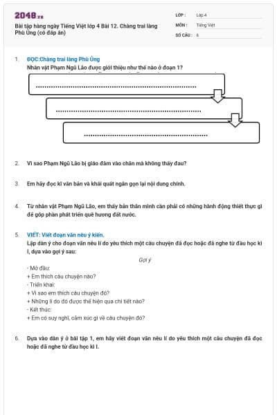 Bài tập hàng ngày Tiếng Việt lớp 4 Bài 12. Chàng trai làng Phù Ủng (có đáp án)