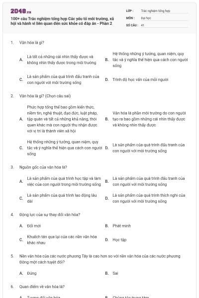 100+ câu Trắc nghiệm tổng hợp Các yếu tố môi trường, xã hội và hành vi liên quan đến sức khỏe có đáp án - Phần 2