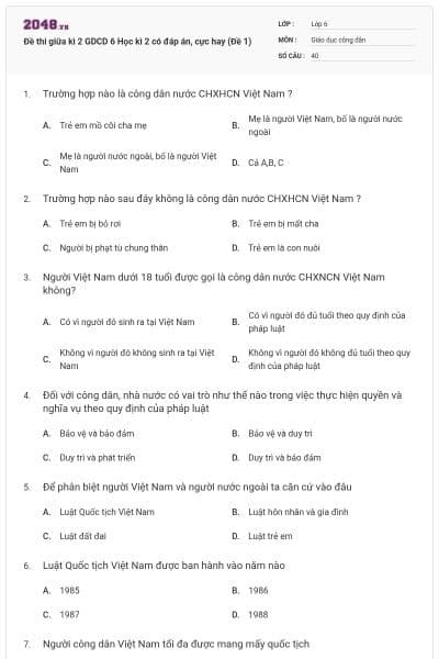 Đề thi giữa kì 2 GDCD 6 Học kì 2 có đáp án, cực hay (Đề 1)