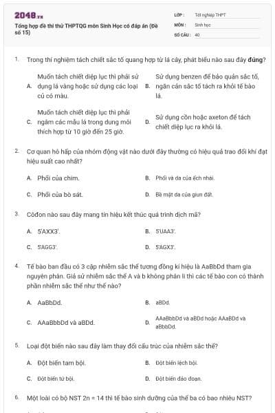 Tổng hợp đề thi thử THPTQG môn Sinh Học có đáp án (Đề số 15)