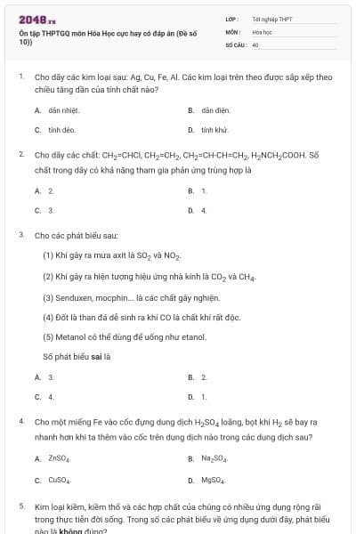 Ôn tập THPTGQ môn Hóa Học cực hay có đáp án (Đề số 10))