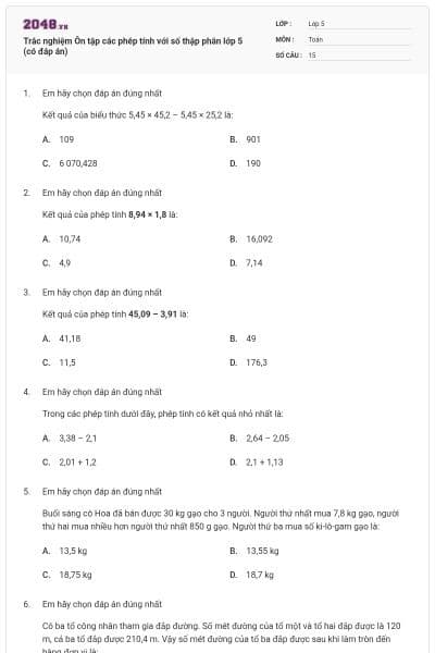 Trắc nghiệm Ôn tập các phép tính với số thập phân lớp 5 (có đáp án)