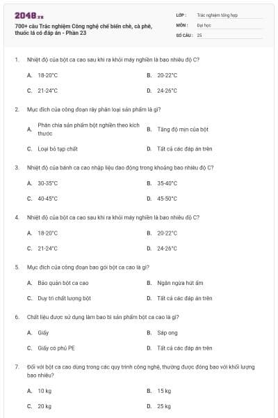 700+ câu Trắc nghiệm Công nghệ chế biến chè, cà phê, thuốc lá có đáp án - Phần 23