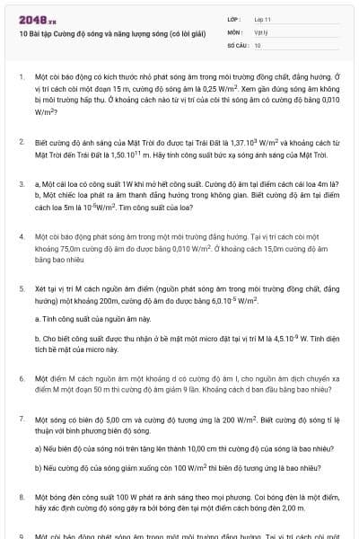 10 Bài tập Cường độ sóng và năng lượng sóng (có lời giải)