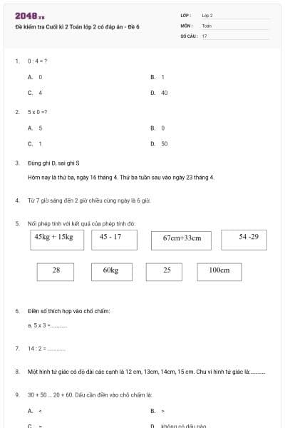 Đề kiểm tra Cuối kì 2 Toán lớp 2 có đáp án - Đề 6