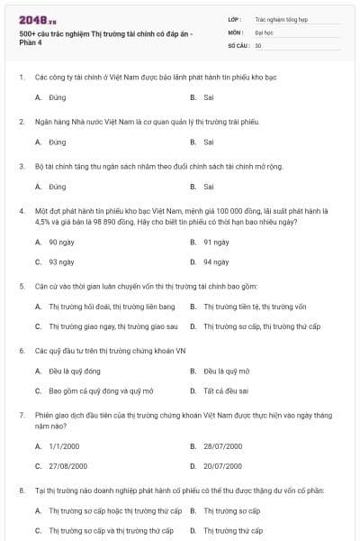 500+ câu trắc nghiệm Thị trường tài chính có đáp án - Phần 4
