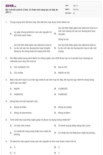 Bộ 3 đề thi cuối kì 2 Hóa 12 Chân trời sáng tạo có đáp án (Đề 1)