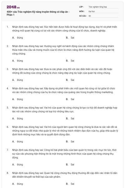 400+ câu Trắc nghiệm Kỹ năng truyền thông có đáp án - Phần 1