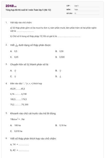 Tổng hợp Đề thi cuối kì I môn Toán lớp 5 (Đề 12)