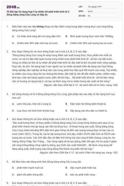 55 Bài tập Sử dụng hợp lí tự nhiên để phát triển kinh tế ở đồng bằng sông Cửu Long có đáp án