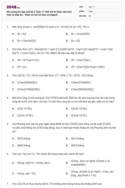 Đề cương ôn tập cuối kì 2 Toán 11 Kết nối tri thức cấu trúc mới có đáp án - Hàm số mũ và hàm số lôgarit