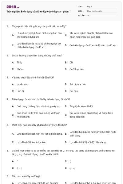 Trắc nghiệm Biến dạng của lò xo lớp 6 (có đáp án - phần 1)