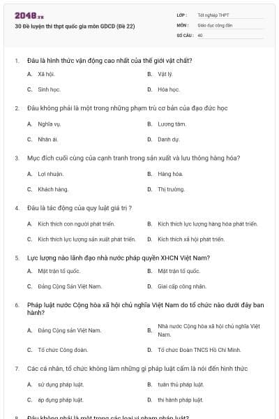 30 Đề luyện thi thpt quốc gia môn GDCD (Đề 22)