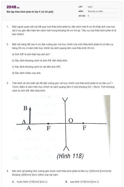 Bài tập thấu kính phân kì lớp 9 (có lời giải)