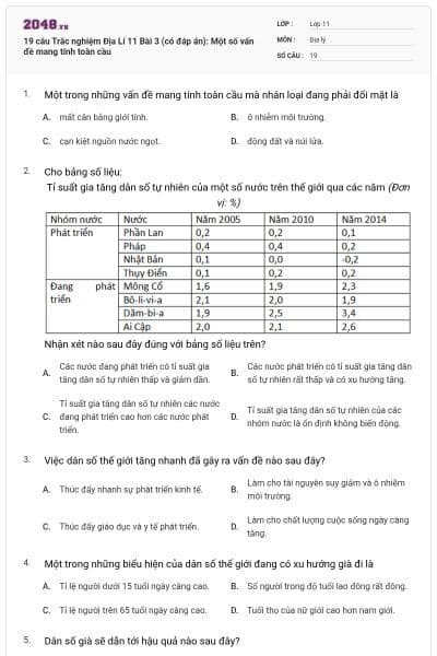 19 câu  Trắc nghiệm Địa Lí 11 Bài 3 (có đáp án): Một số vấn đề mang tính toàn cầu
