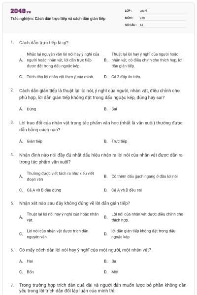 Trắc nghiệm: Cách dẫn trực tiếp và cách dẫn gián tiếp