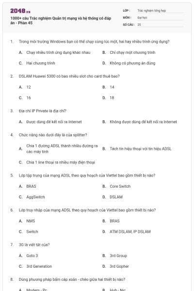 1000+ câu Trắc nghiệm Quản trị mạng và hệ thống có đáp án - Phần 45