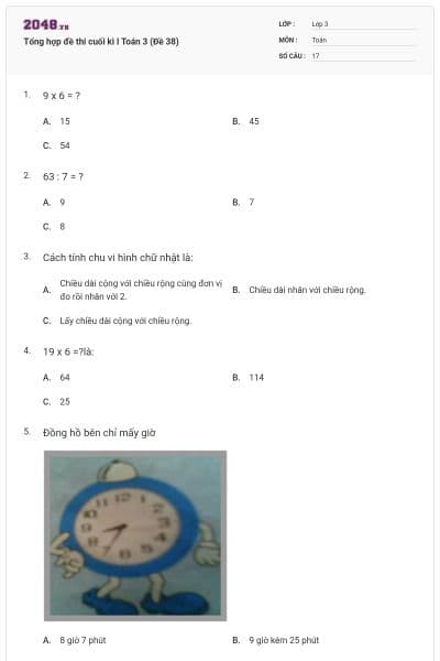 Tổng hợp đề thi cuối kì I Toán 3 (Đề 38)