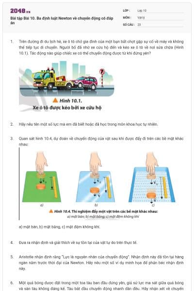 Bài tập Bài 10. Ba định luật Newton về chuyển động có đáp án