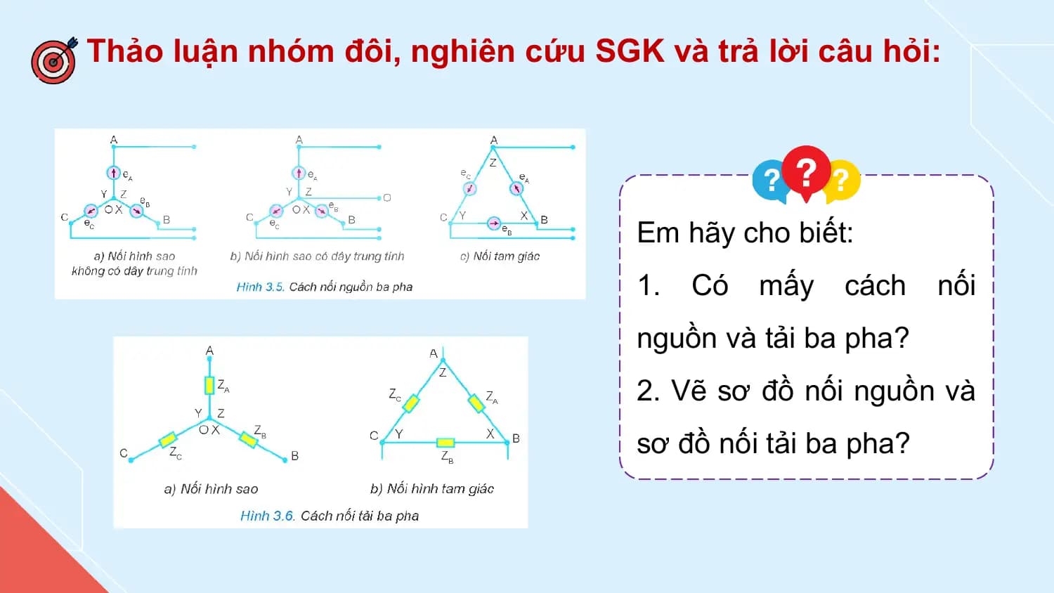 Thảo luận nhóm đôi, nghiên cứu SGK và trả lời câu hỏi:

 Em hãy cho biết:
 1. Có mấy cách nối
 nguồn và tải ba pha?
 2. Vẽ sơ đồ nối nguồn và
 sơ đồ nối tải ba pha?