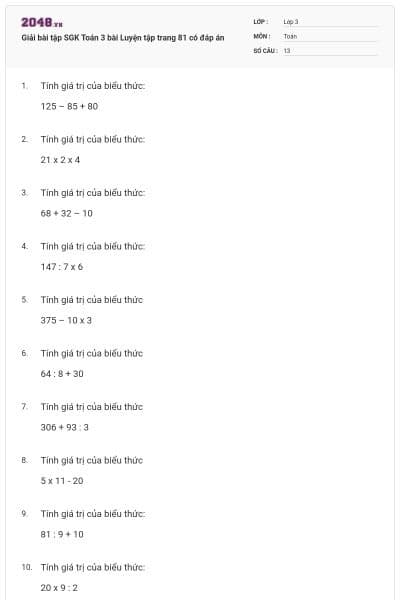 Giải bài tập SGK Toán 3 bài Luyện tập trang 81 có đáp án