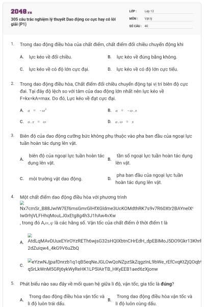 305 câu trắc nghiệm lý thuyết Dao động cơ cực hay có lời giải (P1)