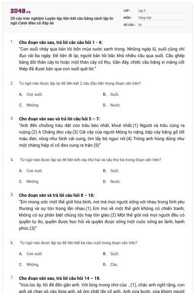 20 câu trắc nghiệm Luyện tập liên kết câu bằng cách lặp từ ngữ Cánh diều có đáp án