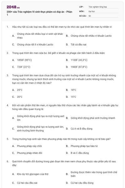 200+ câu Trắc nghiệm Vi sinh thực phẩm có đáp án - Phần 1