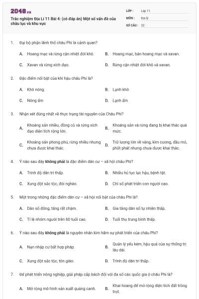 Trắc nghiệm Địa Lí 11 Bài 4: (có đáp án) Một số vấn đề của châu lục và khu vực