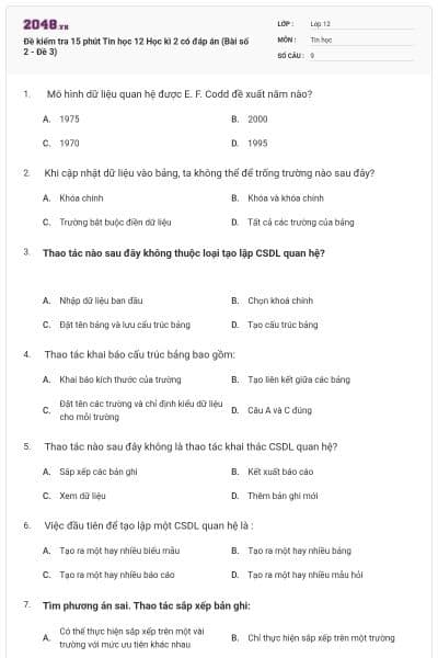 Đề kiểm tra 15 phút Tin học 12 Học kì 2 có đáp án (Bài số 2 - Đề 3)