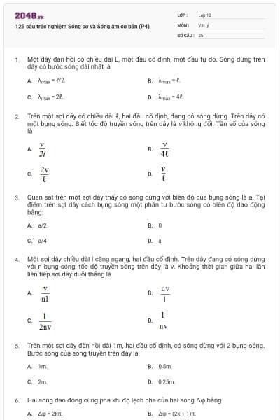 125 câu trắc nghiệm Sóng cơ và Sóng âm cơ bản (P4)