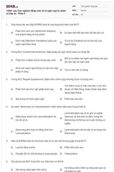 1000+ câu Trắc nghiệm Nhập môn xử lý ngôn ngữ tự nhiên có đáp án - Phần 9