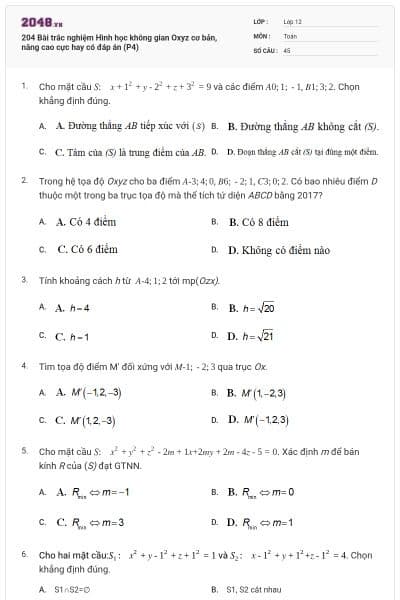 204 Bài trắc nghiệm Hình học không gian Oxyz cơ bản, nâng cao cực hay có đáp án (P4)