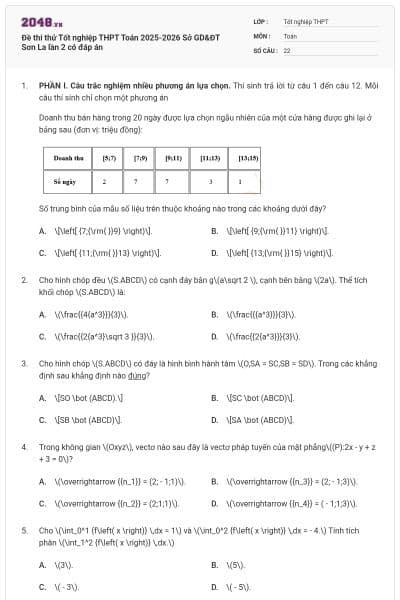 Đề thi thử Tốt nghiệp THPT Toán 2025-2026 Sở GD&ĐT Sơn La lần 2 có đáp án