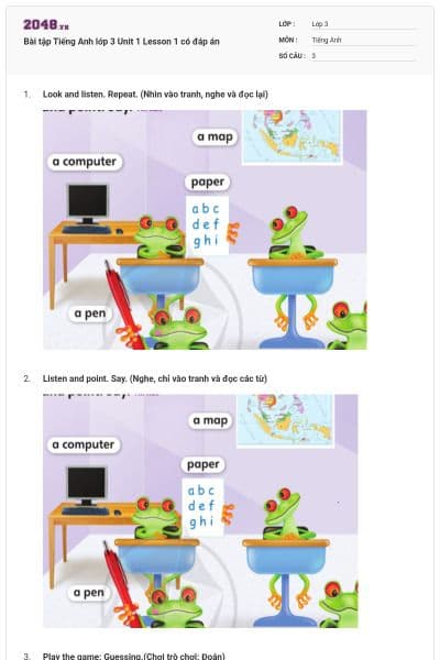 Bài tập Tiếng Anh lớp 3 Unit 1 Lesson 1 có đáp án