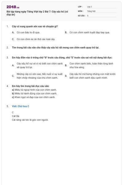 Bài tập hàng ngày Tiếng Việt lớp 2 Bài 7: Cây xấu hổ (có đáp án)