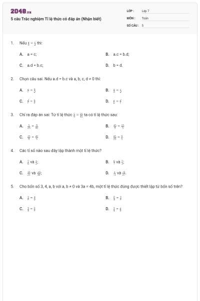 5 câu Trắc nghiệm Tỉ lệ thức có đáp án (Nhận biết)