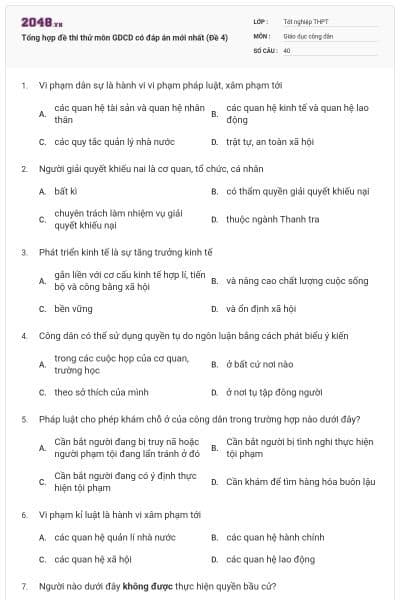 Tổng hợp đề thi thử môn GDCD có đáp án mới nhất (Đề 4)