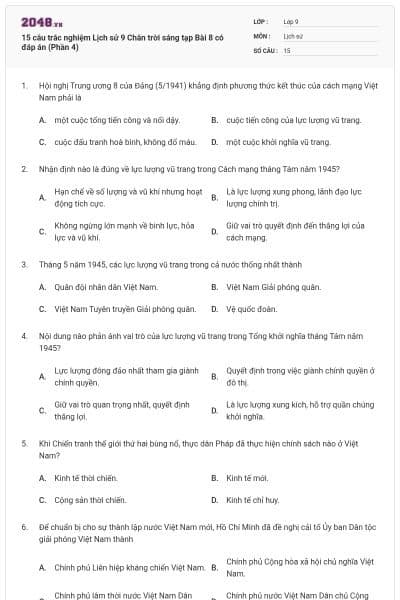 15 câu trắc nghiệm Lịch sử 9 Chân trời sáng tạp Bài 8 có đáp án (Phần 4)