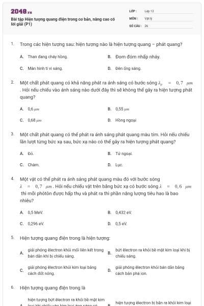 Bài tập Hiện tượng quang điện trong cơ bản, nâng cao có lời giải (P1)
