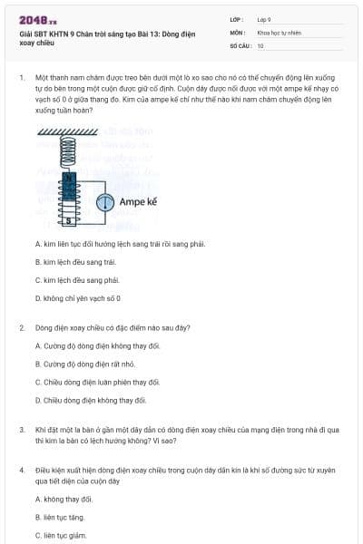 Giải SBT KHTN 9 Chân trời sáng tạo Bài 13: Dòng điện xoay chiều