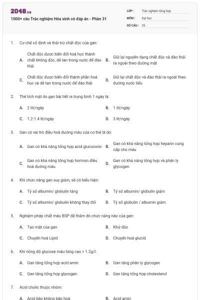1000+ câu Trắc nghiệm Hóa sinh có đáp án - Phần 31
