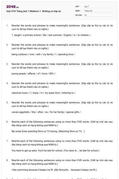 Giải VTH Tiếng Anh 7 Midterm 1. Writing có đáp án