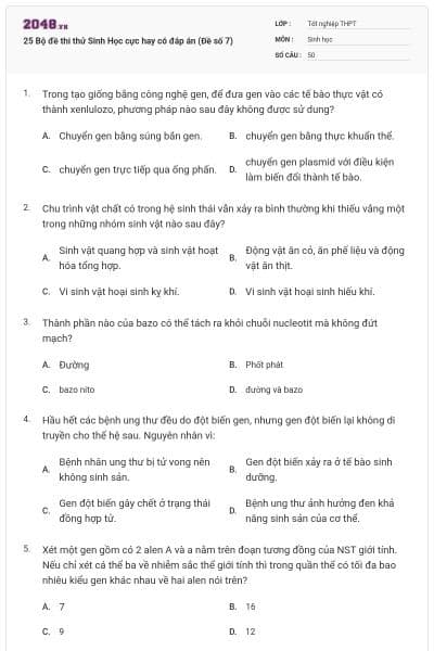 25 Bộ đề thi thử Sinh Học cực hay có đáp án (Đề số 7)